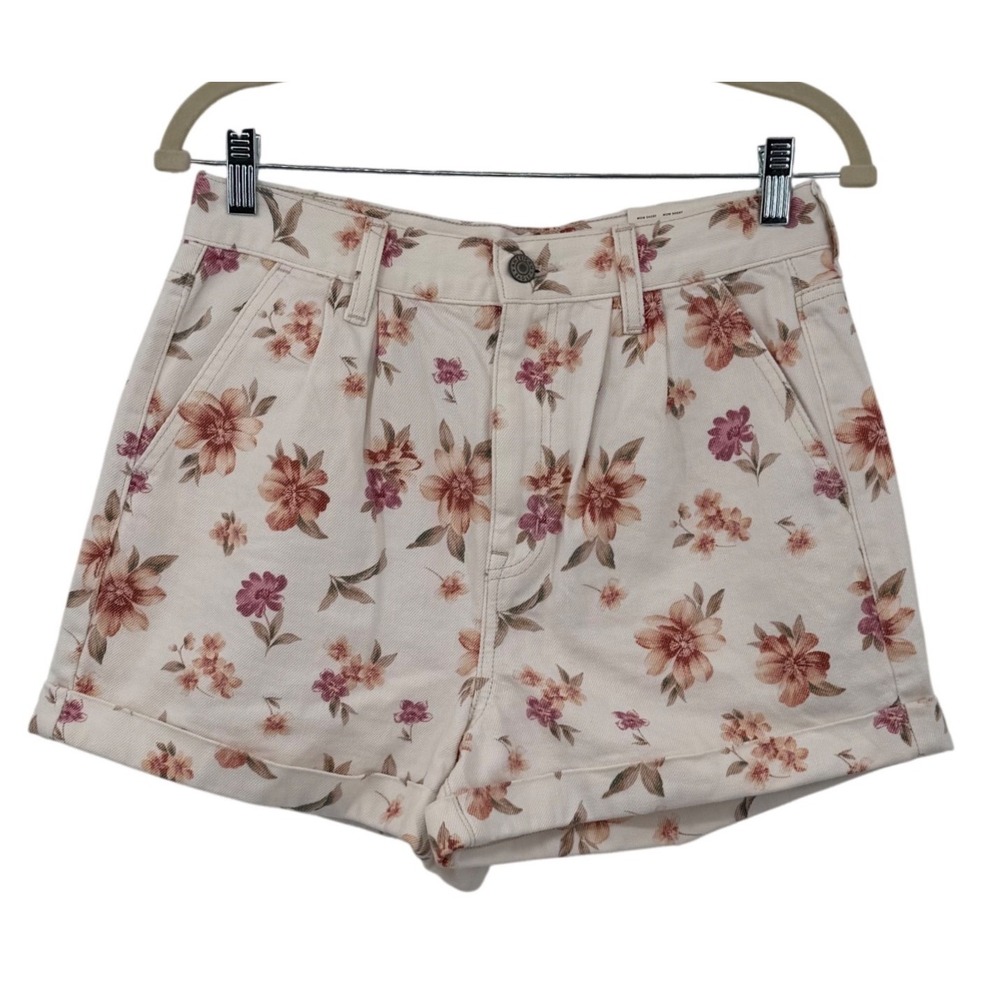 American Eagle Mom Short Women 6 Cream Floral High Rise Pleated Cotton Denim New